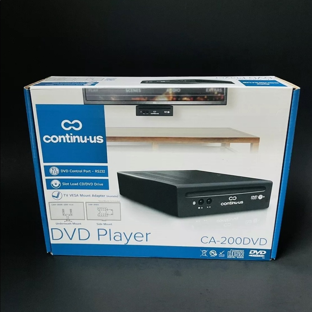 NEW IN BOX CONTINUUS CA200 DVD PLAYER & CABLES: 6.13”x1.75”x7.75”